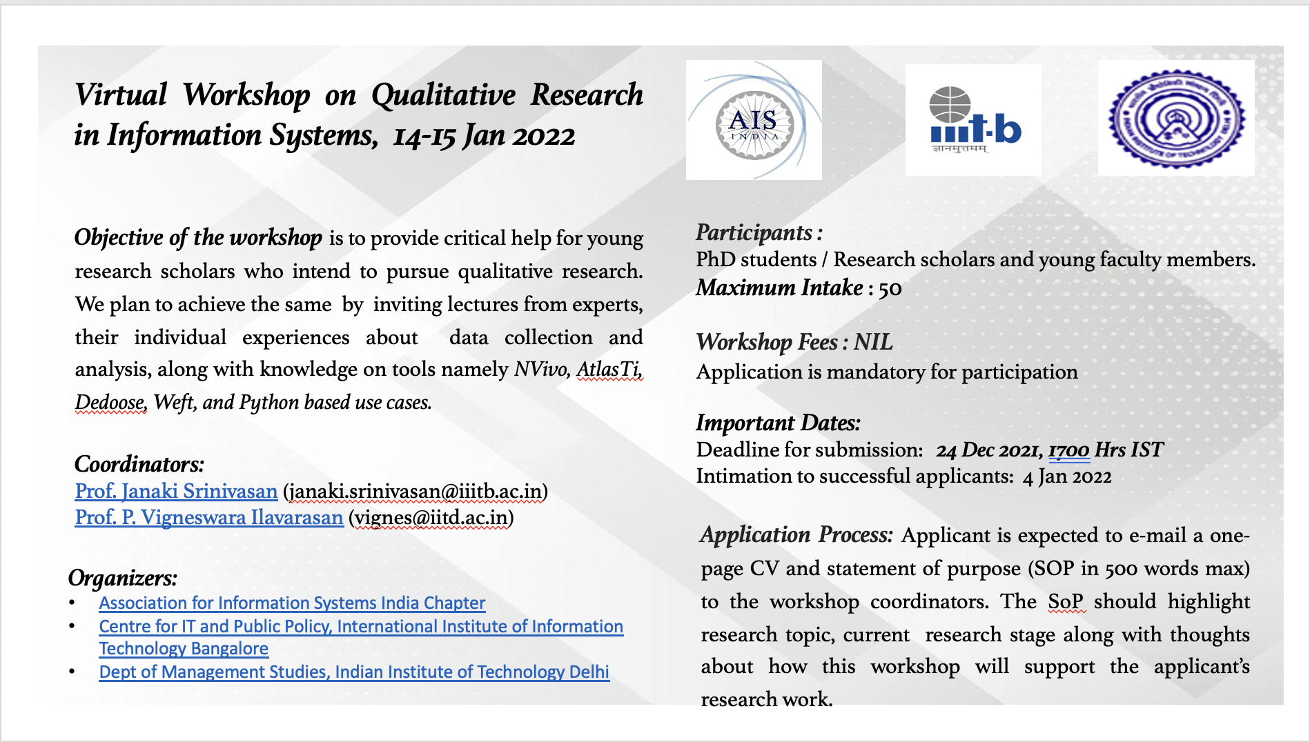 Virtual Workshop on Qualitative Research in Information Systems